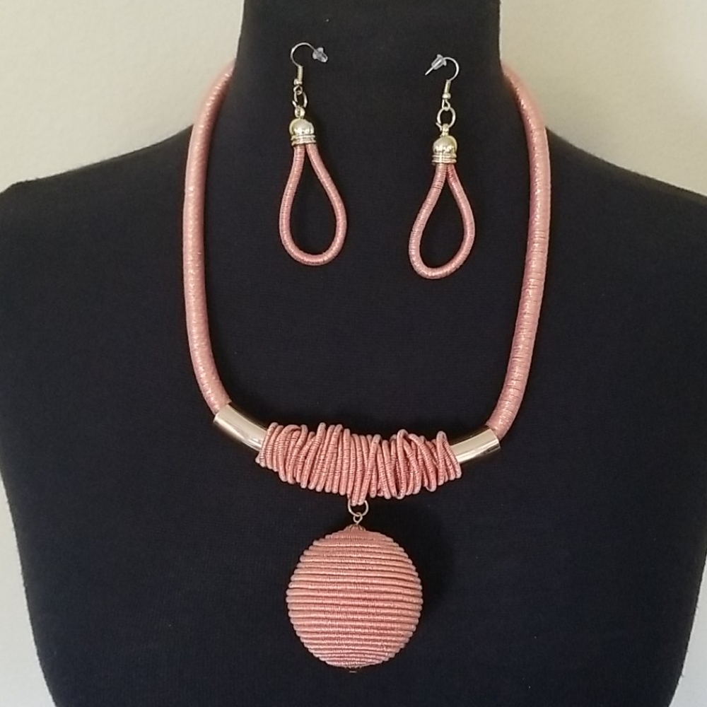 Pink Rope Necklace Round Ball Statement With Earrings